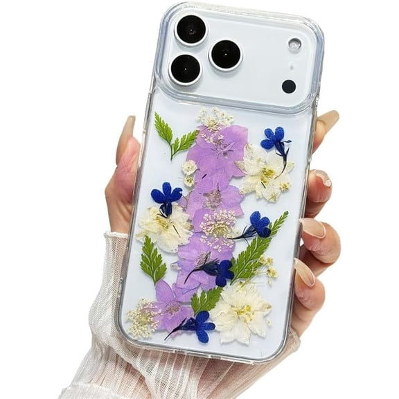Dry Pressed Flower Floral Leaves Clear Phone Case for iPhone (White,iPhone 13)