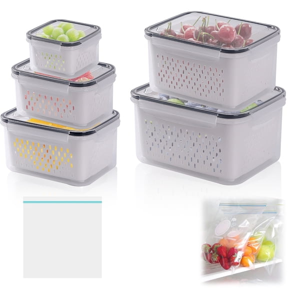 GIRACOA 5 Pack Large Airtight Fruit Containers for Fridge, with 20 PCS Fresh-Keeping Bags, Leakproof Food Storage Containers with Removable Colander, Keep Fruits Vegetable Food Meat Fresh Longer