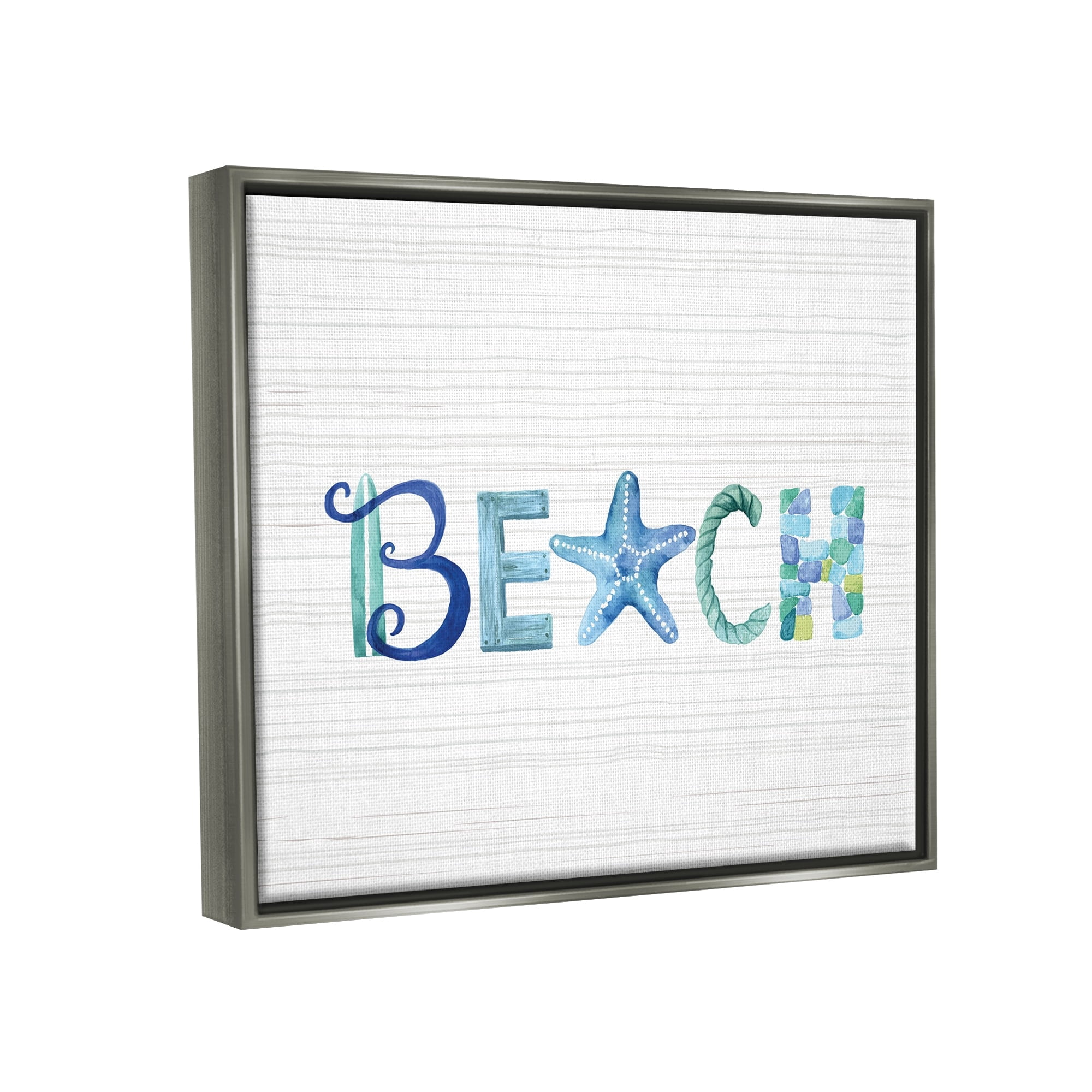 Stupell Industries Beach Letters Typography Sea Life Pebbles Rope Graphic Art Luster Gray Floating Framed Canvas Print Wall Art, Design by Sharon Lee