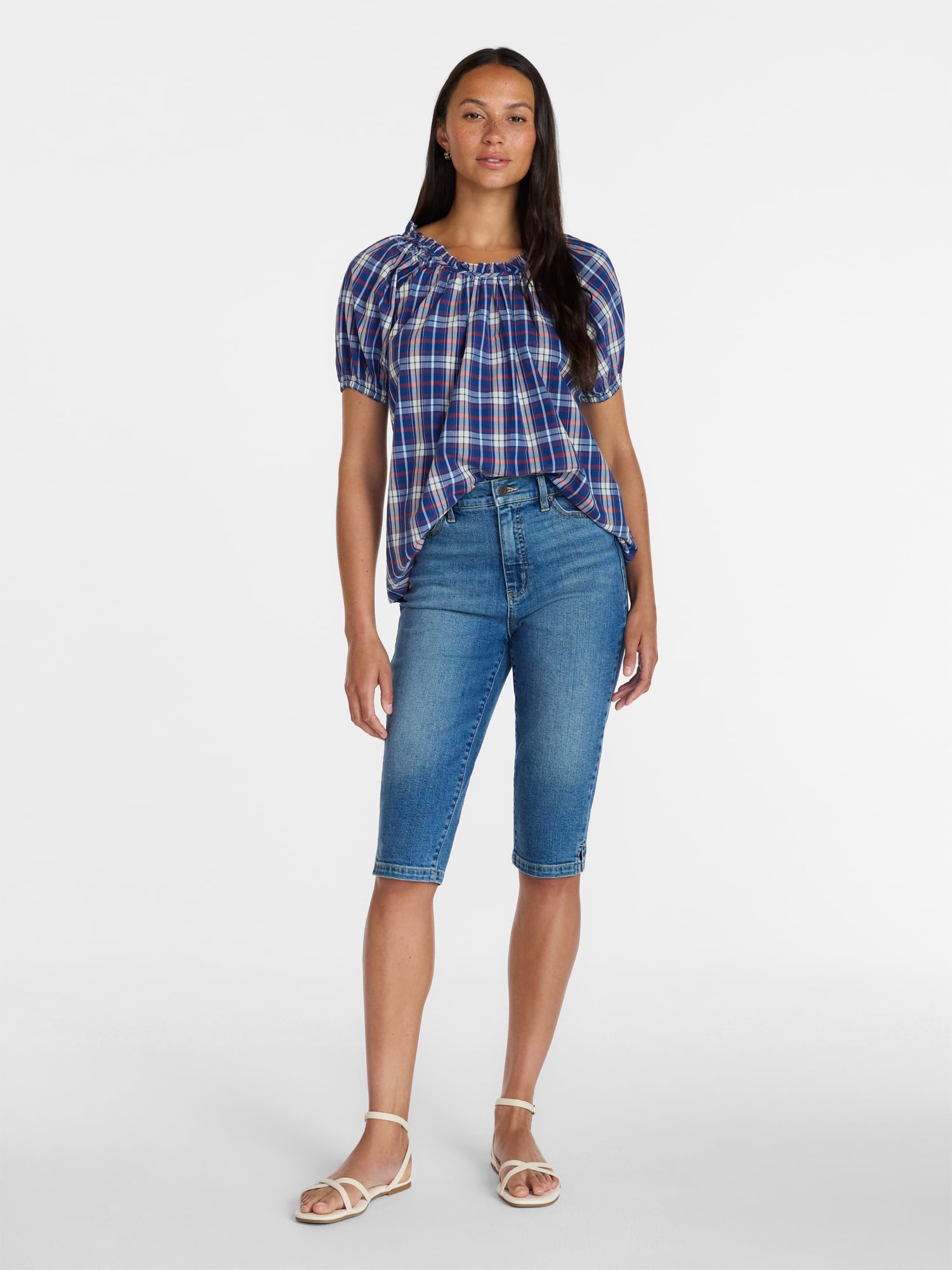 Time and Tru Women's Ruffle Neck Cotton Top with Short Puff Sleeves, Sizes XS-XXXL