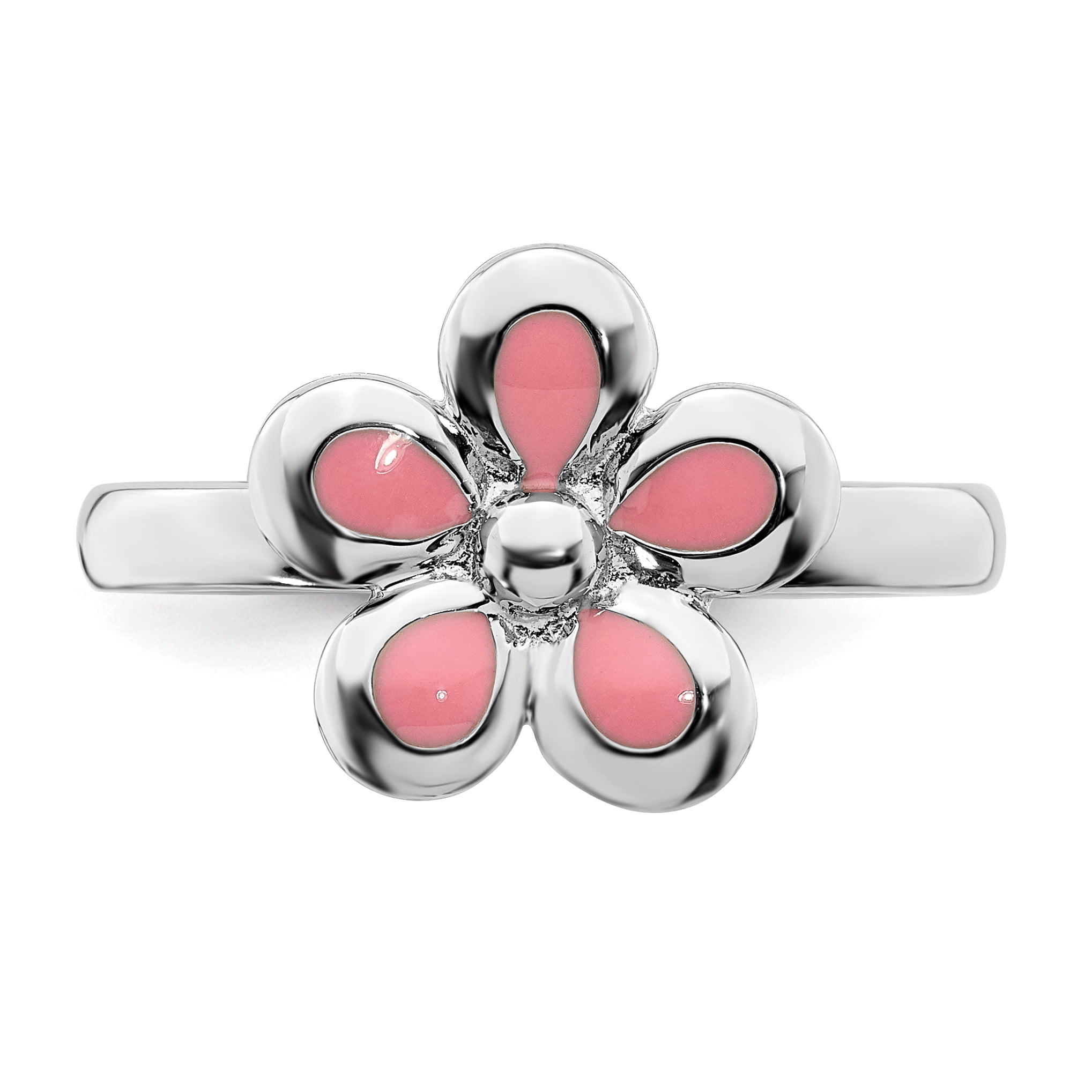 Sterling Silver Polished Pink Enameled Flower Ring