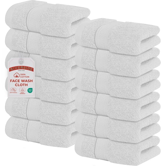 RIVERSIDE 12 Pack Cotton Face Towels 12x12 Ultra Soft & Absorbent Wash Cloths for Gym and Spa - White
