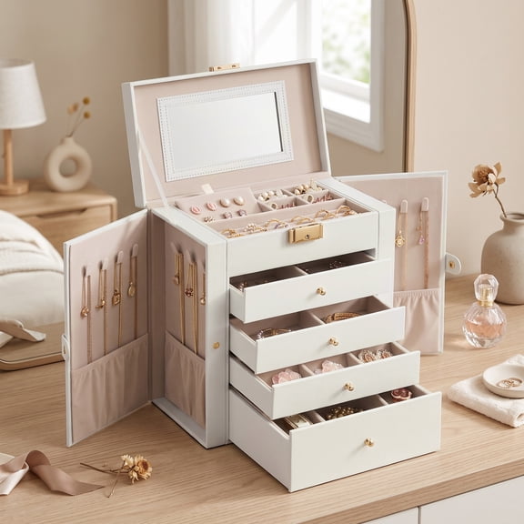 Ledrem 5-Layer Lockable Jewelry Box with Mirror and 4 Drawers, Large Storage Case for Necklaces Watches, Cream White
