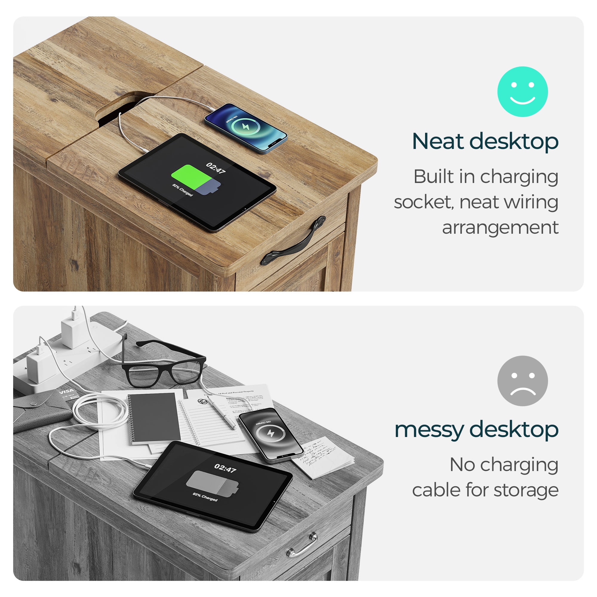 LINSY HOME End Tables for Living Room with Charging Station, Nightstand for Bedroom with Drawer and Detachable Holder,Brown