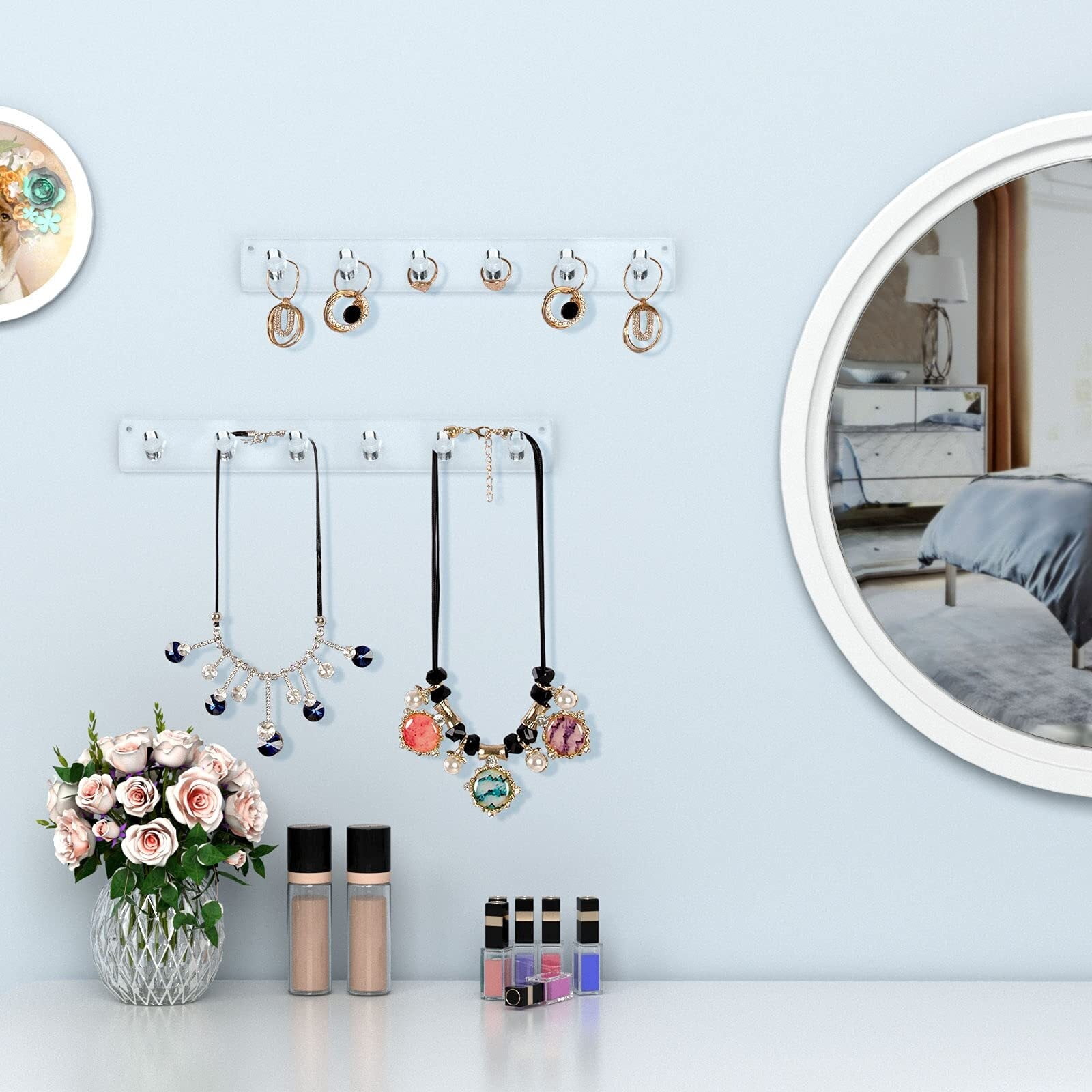 Necklace Holder, Acrylic Necklace Organizer Wall Mounted with 12 Hooks, for Hanging Necklace, Jewelry, Bangles, Bracelets and Rings, Best Gifts for Girls and Women(2 PACK)