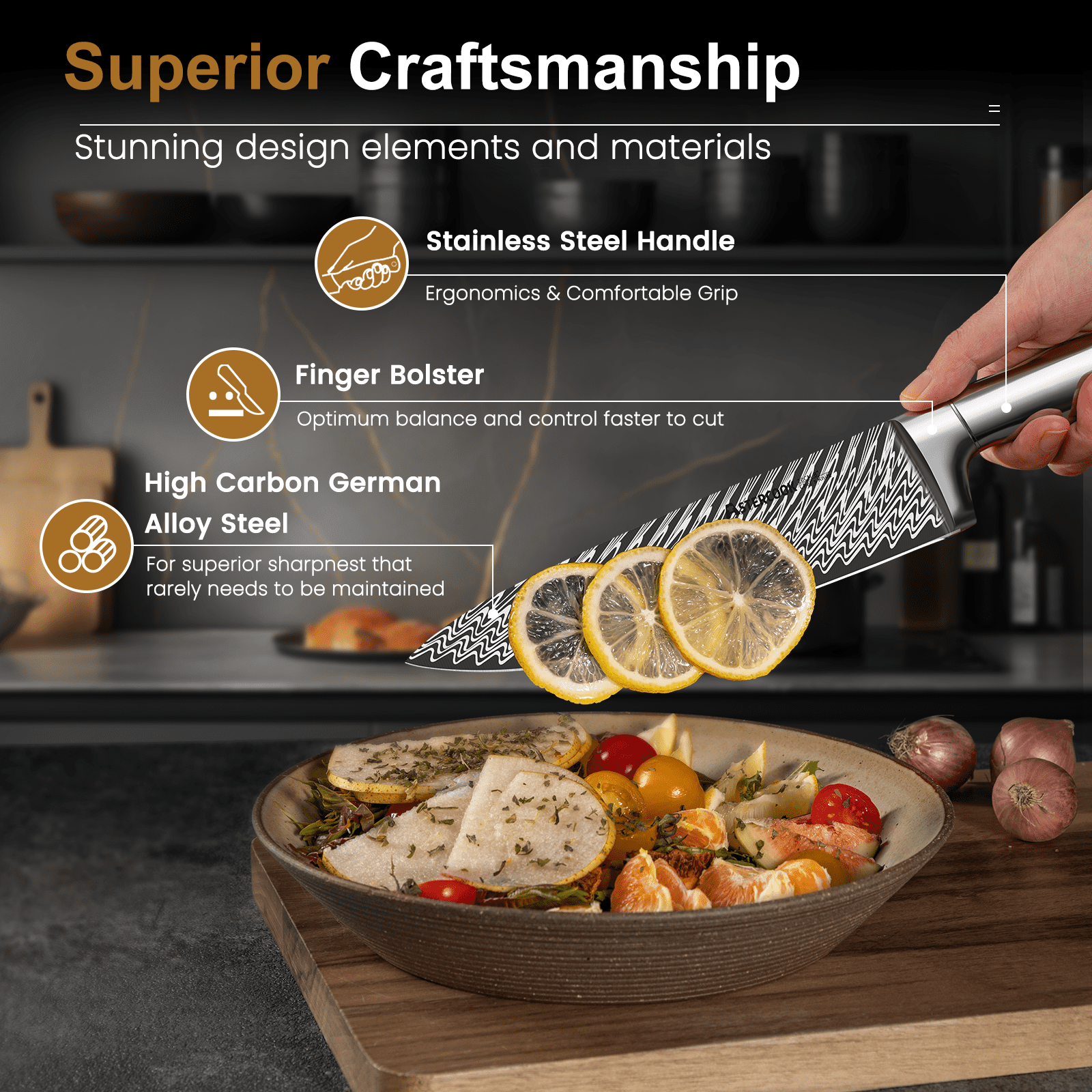 Astercook 20 Pcs Kitchen Knife Set with Block, Full Tang Knives Sets German Stainless Steel, Built-in Sharpener, Dishwasher Safe