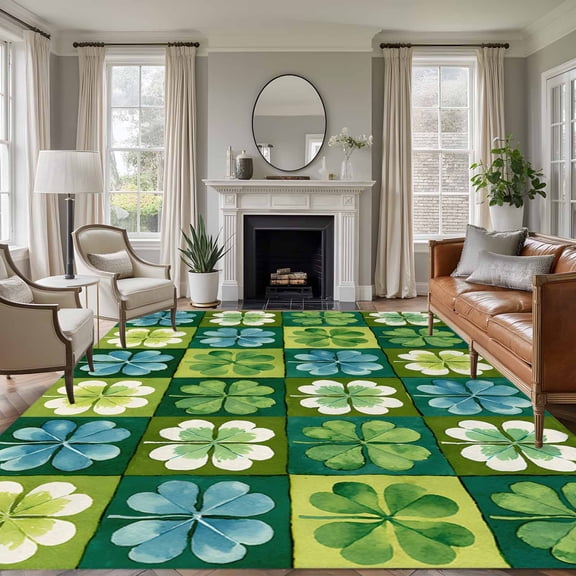 Large Area Rugs for Living Room Bedroom, St. Patrick's Day 8'x10' Rug Washable Carpet Runner Indoor Outdoor, Green Blue Lucky Shamrocks Rustic Leaves Non Slip Floor Mats Rug for Kitchen, Patio