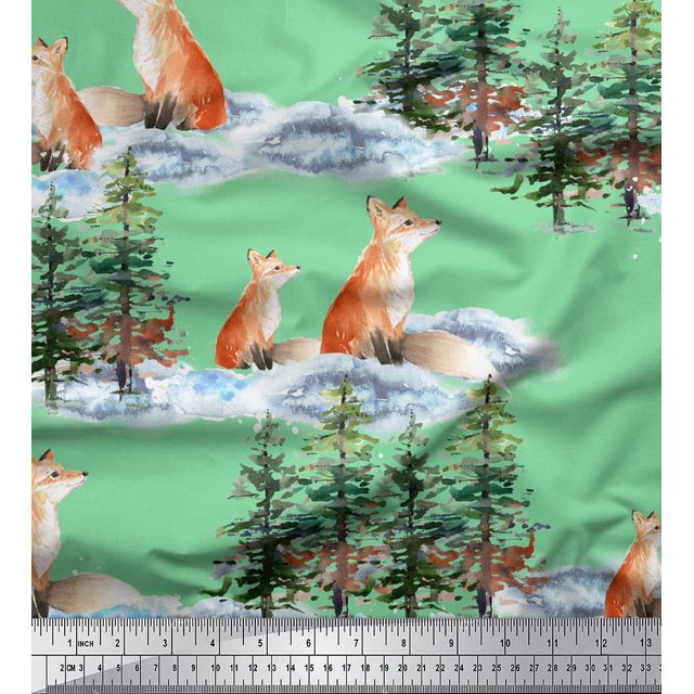 Soimoi Green Rayon Fabric Fox & Pine Tree Printed Fabric 1 Yard 56 Inch Wide