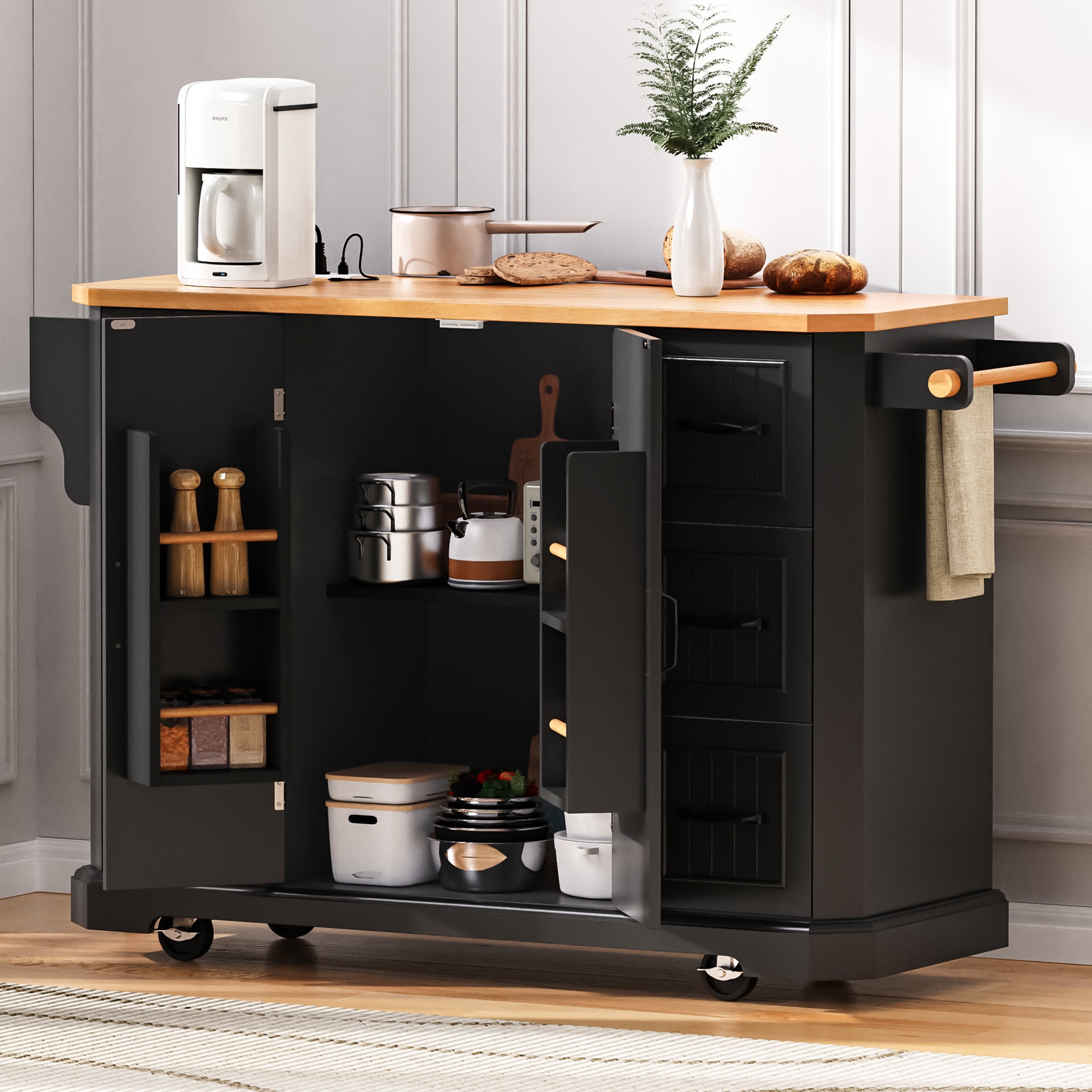 DTTRA 56" Kitchen Island with Drop Leaf & Power Outlet, Rolling Kitchen Cart on Wheels with 6 Drawers, 4-Door Shelves & Rubber Wood Top, Mobile Storage Cabinet for Kitchen & Dining Room, Black