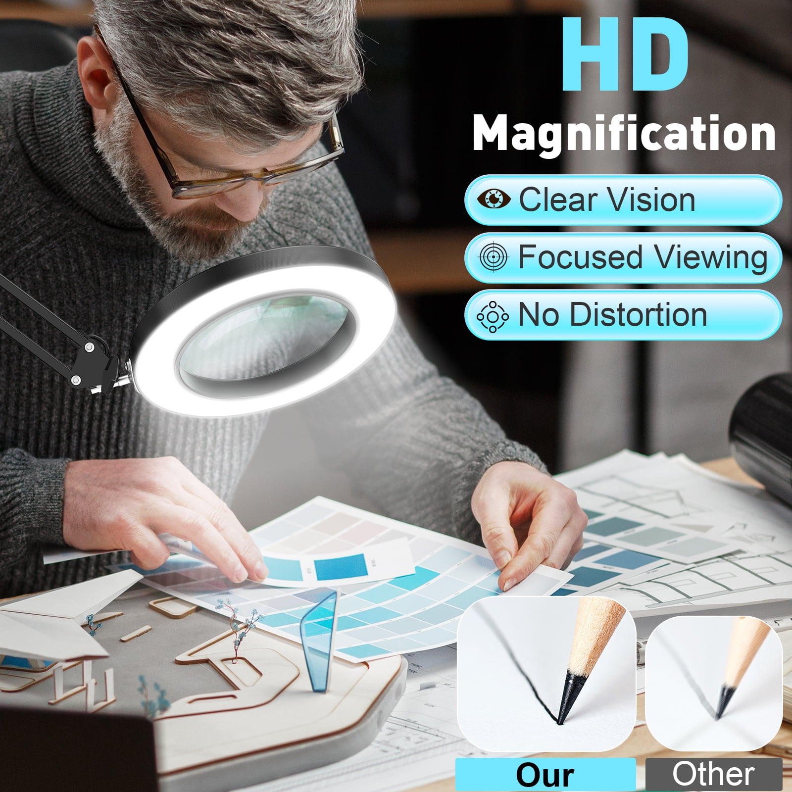 BEBANG  Magnifying Glass with Light and Stand, 3 Dimmable Color Modes, 4.2″ Real Glass, 2-in-1 Lighted Magnifying Lamp for Close Work Sewing Crafts