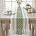 thumbnail image 2 of Small Coffee Table Runner with Tassels 14x48 Inches, Olive Green & Off White | Cotton Woven Washable Boho Dresser Scarf for Bedroom | Farmhouse Console Tabletop Centerpiece Boho Decorations, 2 of 9