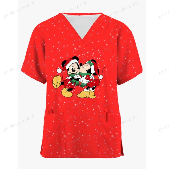 Women's Nurse Uniform Short-sleeved V-neck Work Clothes Women's Disney Mickey Mouse Printed Christmas Medical Care ClothesM Gao Jinjia LED