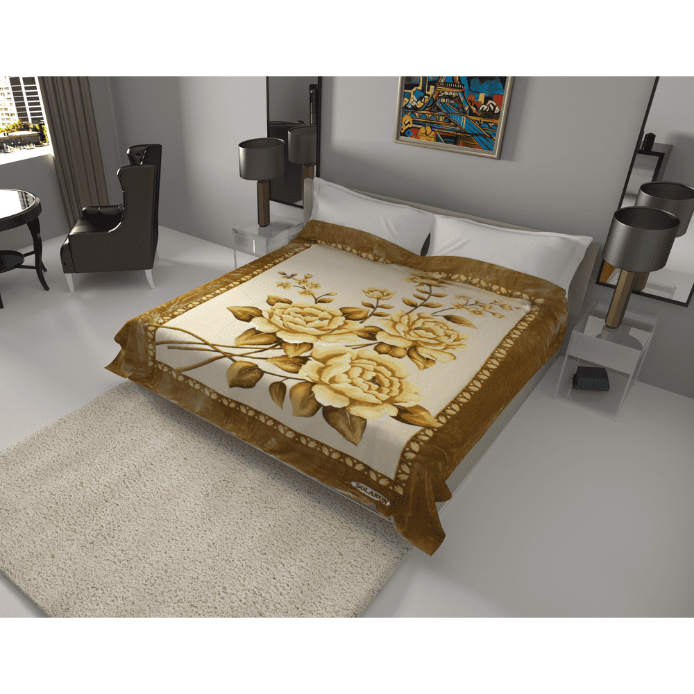 SOLARON Original Mink Plush Blanket Brown Flowers Queen