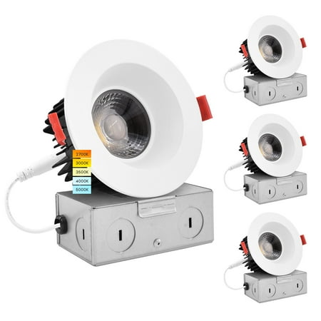 Luxrite 4 inch LED Recessed Light J-Box 15W 5 Color Selectable Dimmable Wet Rated IC Rated Smooth Trim 4-Pack