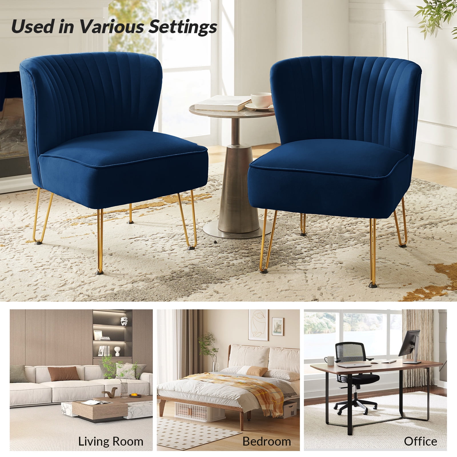 Velvet Armless Accent Chair Set of 2 Gold Metal Legs Modern