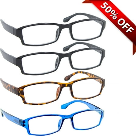 Reading Glasses  1.75 | 4 Pack of Readers for Men and Women | 2 Black Tortoise Blue