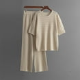 thumbnail image 3 of Women's 2 Piece Sweater Set Short Sleeve Knit Pullover Tops Wide Leg Pants Textured Fall Casual Loose Outfits, Beige, Free Size, 3 of 3