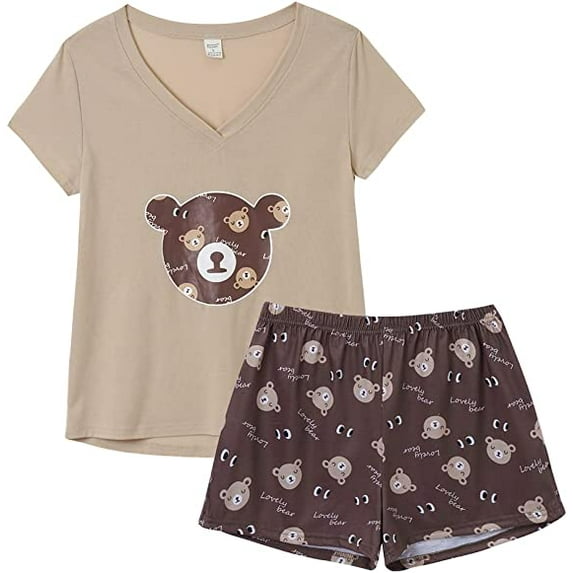 MyFav Women's Cute Cartoon Print Tee and Shorts Pajama Set,L