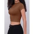 thumbnail image 3 of HOWCOME Womens Lightweight Short Sleeve Cropped Tops Cute Slim Fit Solid Brown Tshirts Large Brown, 3 of 6