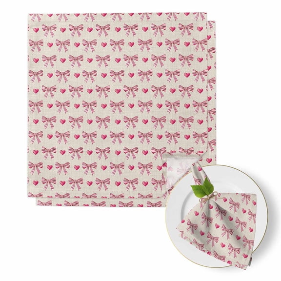 Retro Stripe Bows Cloth Napkins Set of 2 Pink Bow Heart Linen Texture Soft Washable Square Dinner Napkins for Party Wedding Restaurant Hotel Cocktail 20x20 Inch