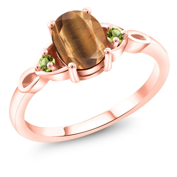 Gem Stone King 18K Rose Gold Plated Silver Brown Tiger Eye and Green Peridot 3-Stone Rings for Women (1.35 Cttw, Gemstone, Oval 8X6MM, Size 5)