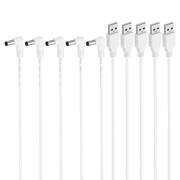 Unique Bargains USB 2.0 A Type to DC 5.5x2.1mm 90 Degree Angle Barrel Jack Power Cable, 5pcs Wire Adapter Connector Cord, White