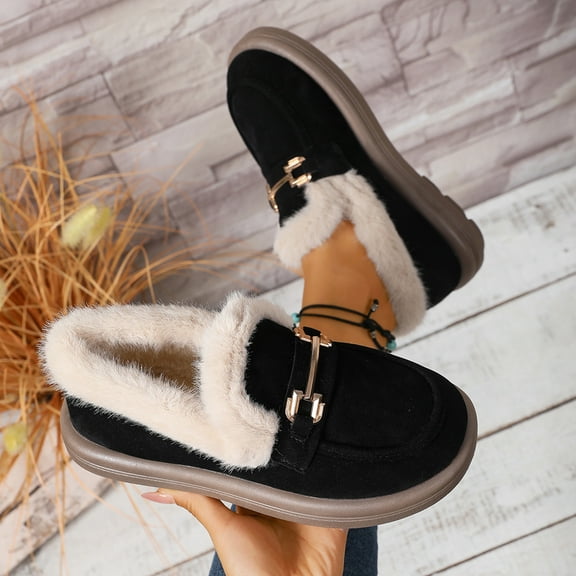 Cadancy Suede Loafers Women Fuzzy Plush Lining Slip On Warm Winter Ankle Booties Indoor Outdoor Cozy Casual Flat Shoes Snow Fleece Trendy Short Boots