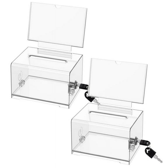 Clear Donation Box with Lock,2 Pack Ballot Box with Sign Holder,Suggestion Box for Fundraising, Voting Box