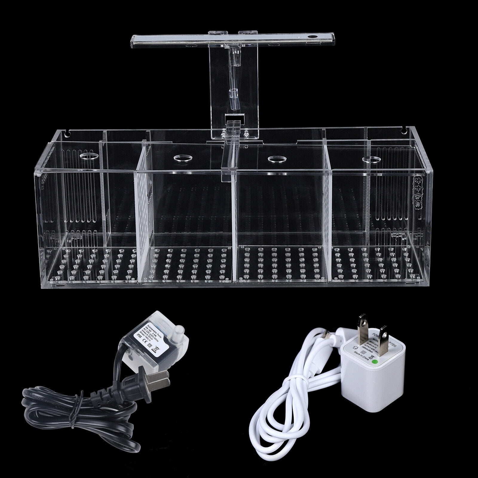 Acrylic Aquarium Transparent Isolation 4Grid Betta Fish Tank Water Pump+LED Lamp