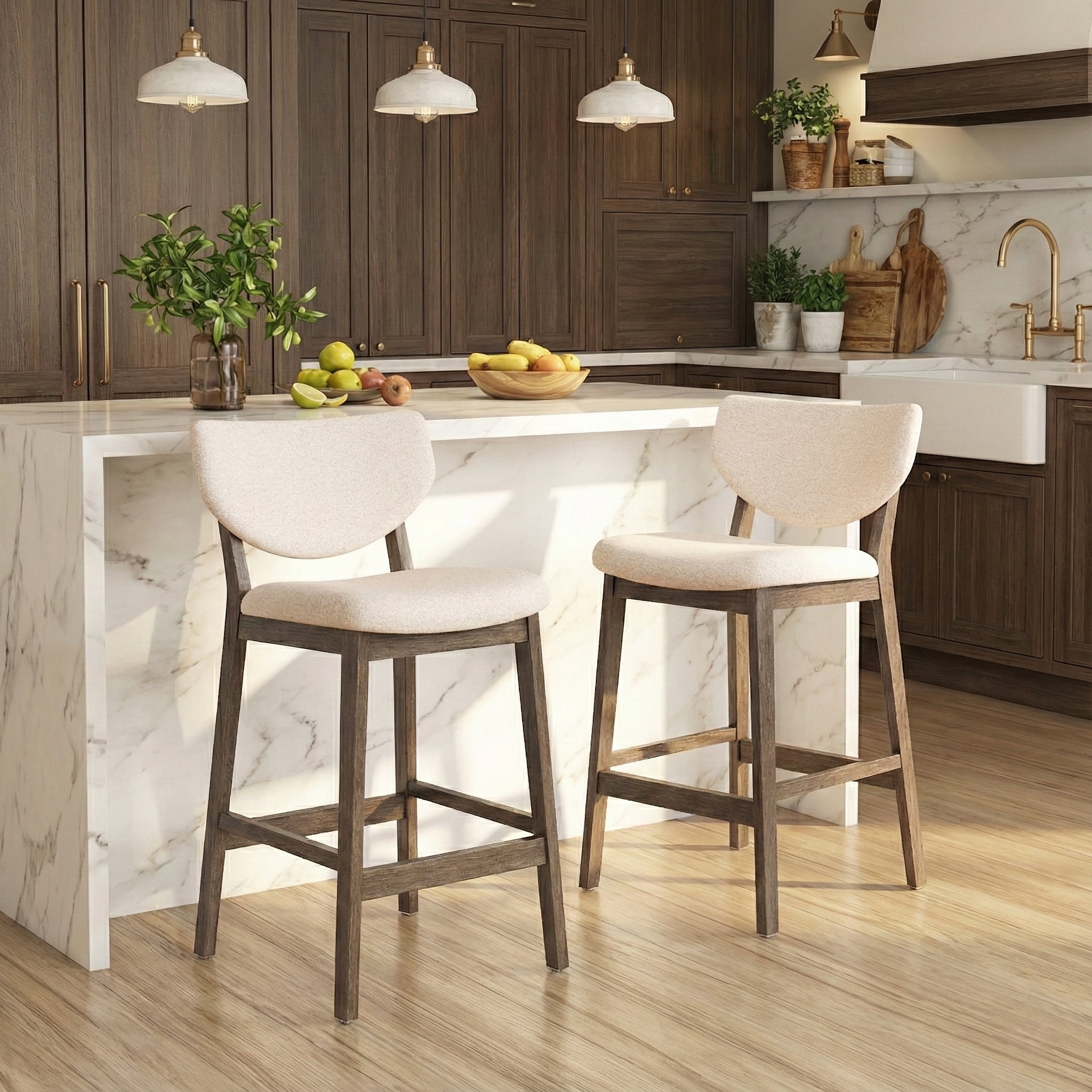 TrumanPick 30" Counter Height Bar Stools Set of 2, Modern Linen Upholstered Barstools with Back & Wood Legs, Farmhouse Kitchen Island Chairs for Dining Room Bar, Beige