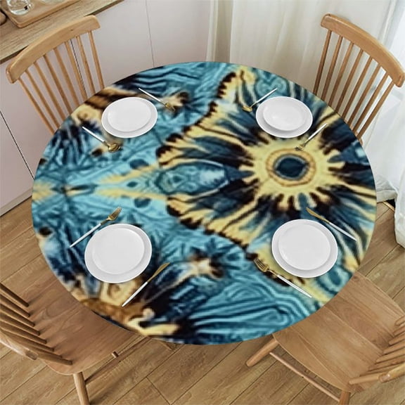 HAOXIT Tie Dye Round Fitted Tablecloth, Tie Dye Decor, Elastic Edge, Suitable for Catering and Kitchen, Fit for Round Table 31-35