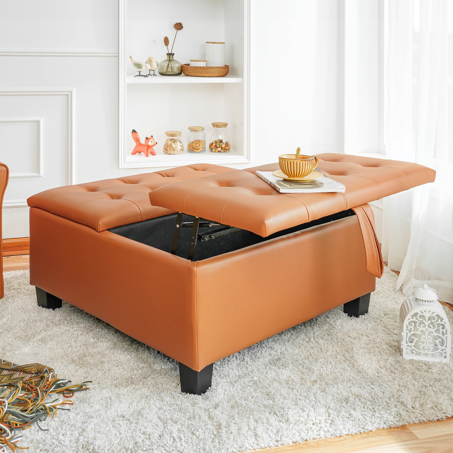 Charlotte 35 Inch Large Square Storage Ottoman Bench, Tufted Upholstered Lift Top Coffee Table Ottoman with Storage, Oversized Storage Ottomans, Toy Box, Air Leather Footrest for Living Room – Caramel
