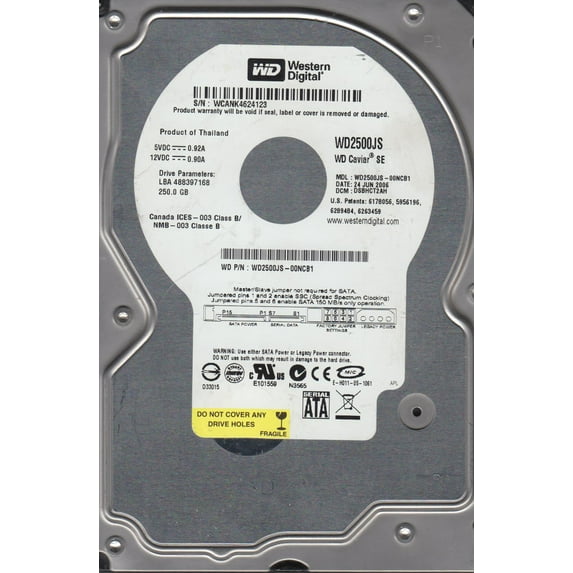 WD2500JS-00NCB1, DCM DSBHCT2AH, Western Digital 250GB SATA 3.5 Hard Drive