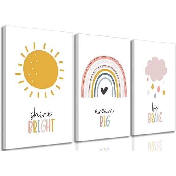 3 Pcs Boho Nursery Canvas Wall Art Dream Big Be Brave Shine Bright Bohemia Sun Rainbow Pictures Kids Wall Decor Poster Print Artwork for Boys Girls Bedroom Children Room Home Decoration