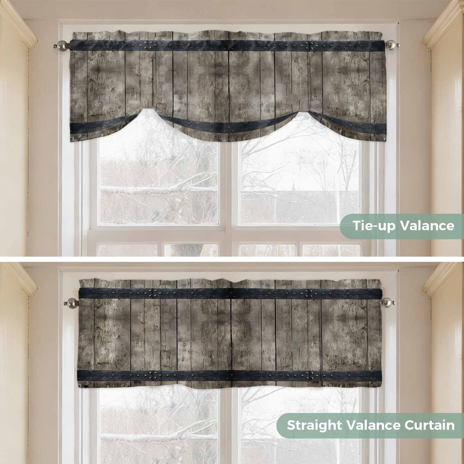Country Barn Door Tie Up Valances Curtain, Adjustable Kitchen Distressed Retro Brown Wood Grain Rivet Valances for Windows Decor, Rod Pocket Short Curtains Set for Bedroom/Bathroom, 54"x18"