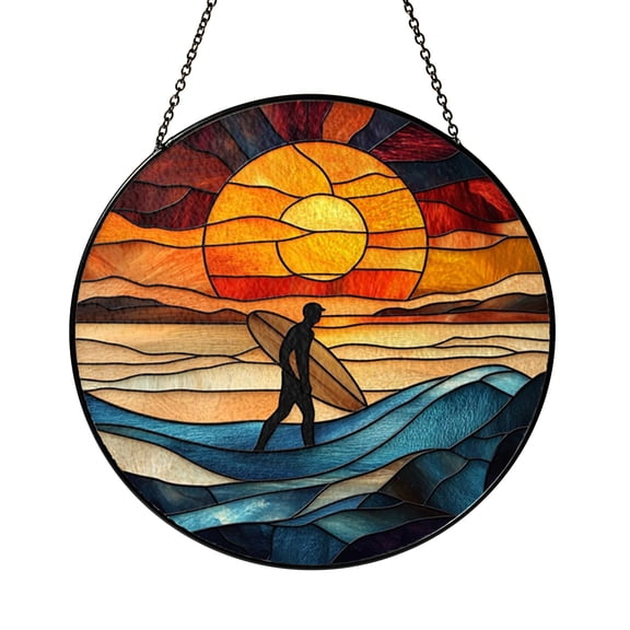 Surfing Ocean Wave Stained Glass Style Window Suncatcher, Surfer Silhouette Coastal Scene Decorative Glass Panel Art for Beach House Window Decor