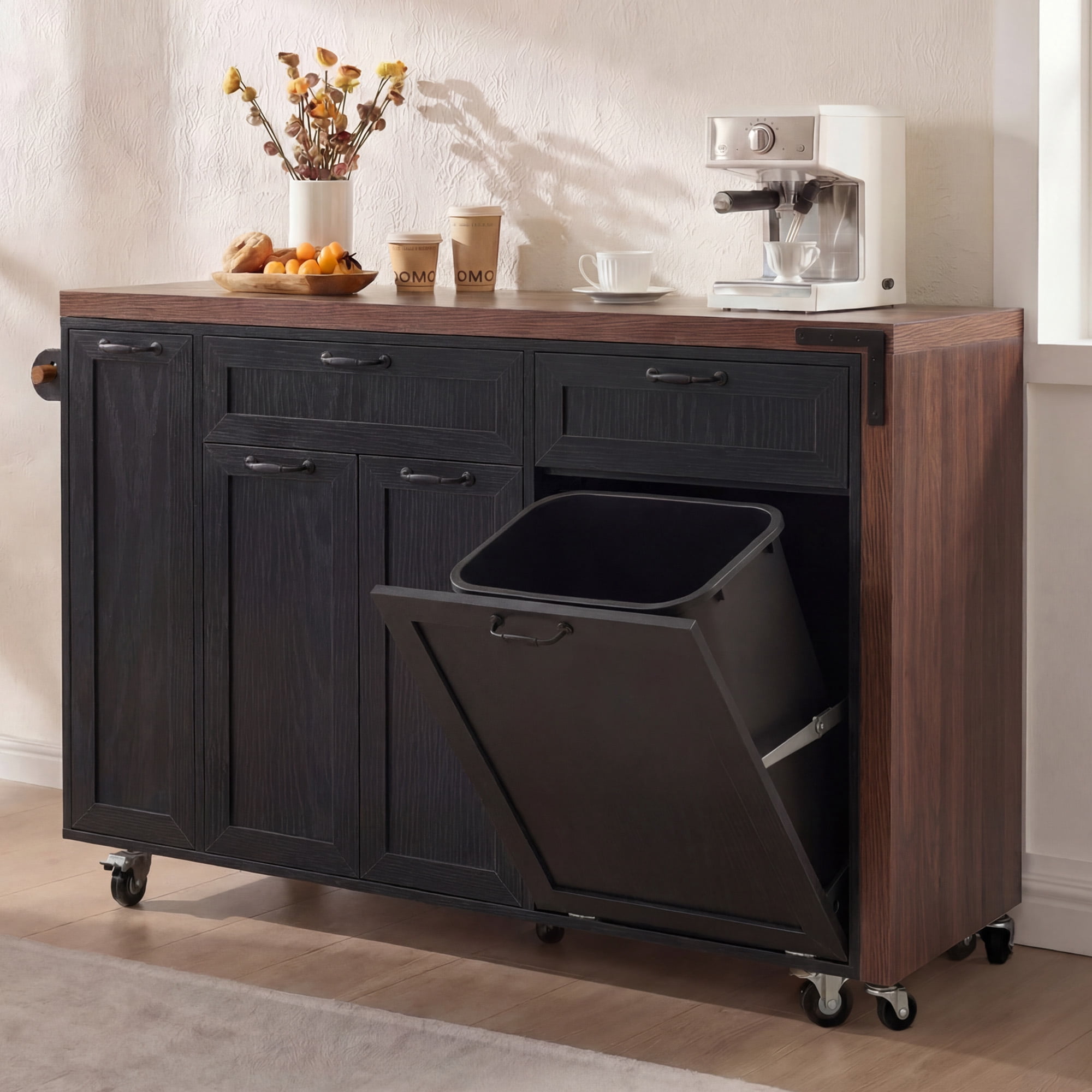 Mintazer 102.3" Kitchen Island with Extendable Dining Table, Kitchen Rolling Island Cart with Spice Rack & Wheels, Mobile Island Table with Trash Storage Cabinet, Black & Walnut