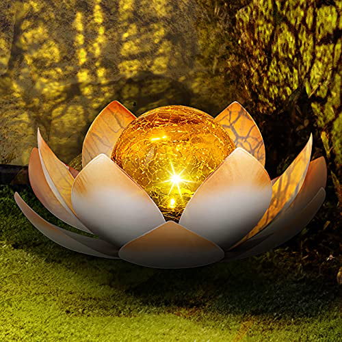 Huaxu Solar Powered Garden Lights, Outdoor Decorative Lotus Light, Art  Cracked Glass Ball Metal Waterproof Solar Garden Light for Pathway, Lawn,  
