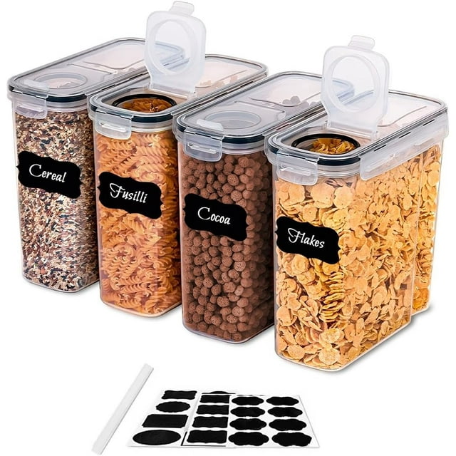 Juego de 4 Contenedores Hermeticos para Cereal, Recipientes Hermeticos para Organizacion de Alimentos Secos, Plastico Reforzado con Tapas de Sellado Hermetico, Organizadores de Cocina