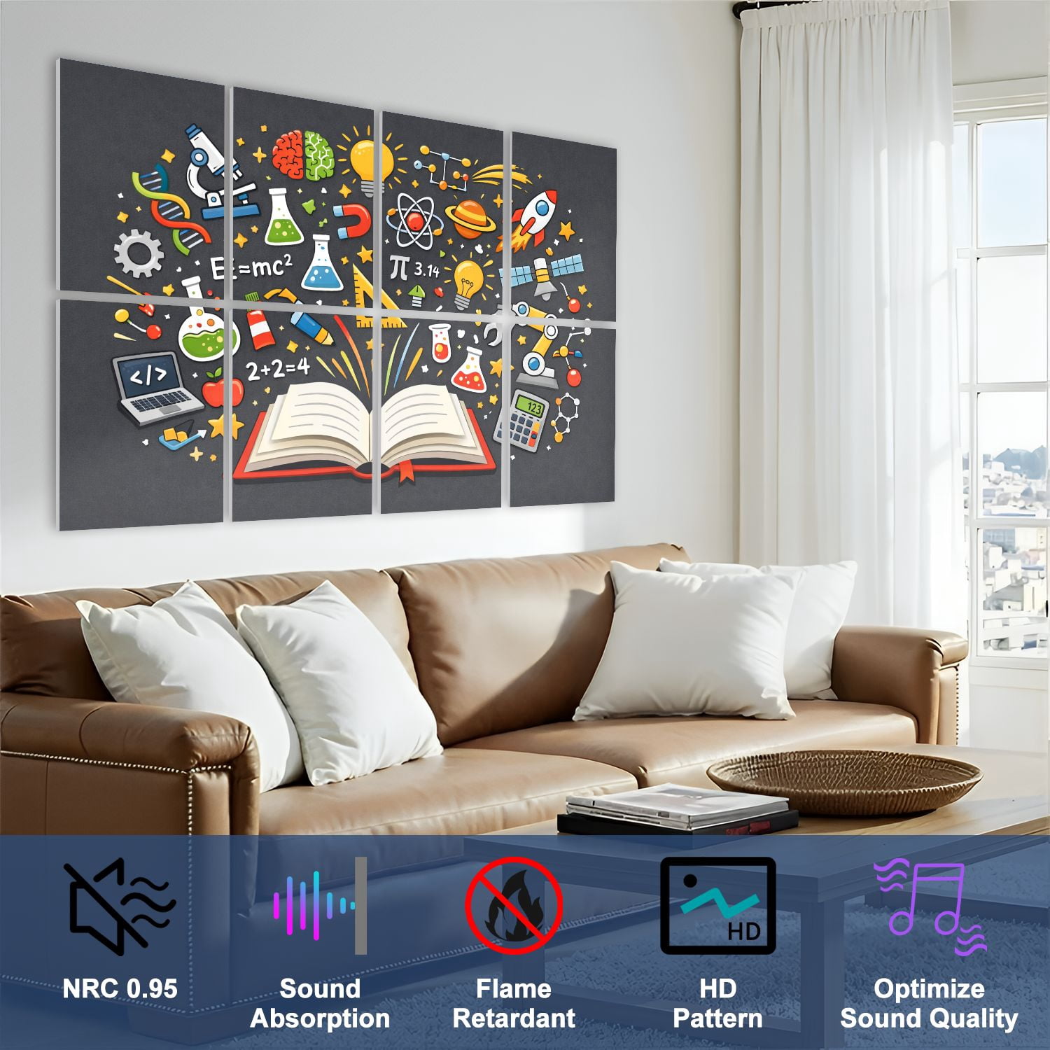 Classroom 8 Pack Art Acoustic Panels Sound Absorbing Science Education Symbols Knowledge Technology Math Decorative Soundproof Wall Panels Self Adhesive for Nursery Kids Game Room 48"x32"