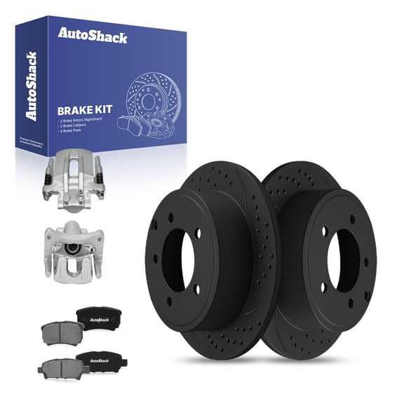 AutoShack Rear Brake Rotors, Premium Pads & Calipers for Chrysler, 200 2013, FWD L4 2.4L V6 3.6L - E-Coated Drilled & Slotted - Black Finish - NightGuard - 11.85" (301.1 mm), 5-Lug