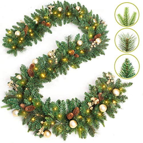 9 Ft By 12 Inch Prelit Garland Battery Operated With 50 Warm Lights Xmas Greenery Outdoor Pine Cones And Timer Front Door Mantle Holiday Decoration Indoor Com Xmas Garland Greenery Outdoor, Battery Operated Outdoor Garland Lights With Timer