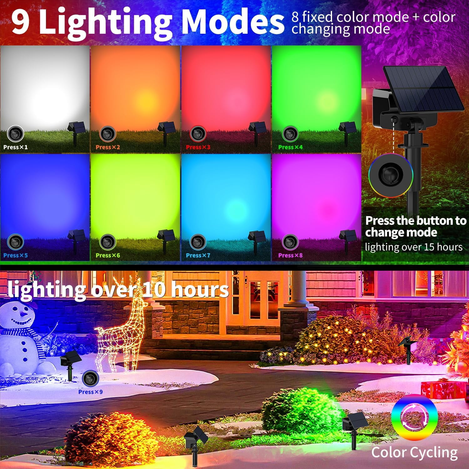 Solar Lights RGB Outdoor, 10 pack 27 LEDs, 9 Modes RGB, Waterproof Adjustable,Christmas Color Changing Landscape Solar Spotlights for Yard, Garden