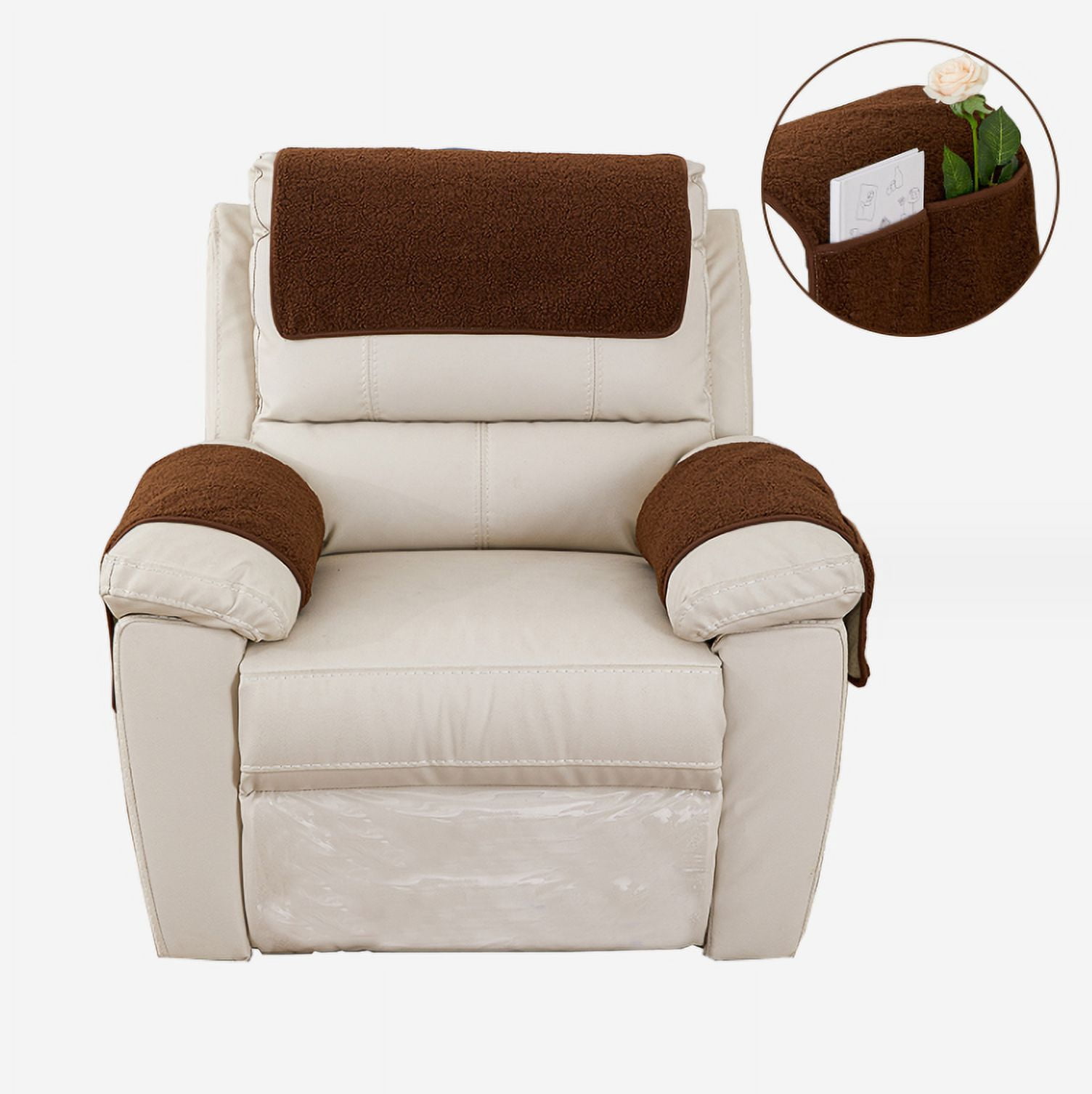 Garayma 3 Pcs Recliner Covers Armrest Covers with Storage Pockets Headrest Cover Armchair Slipcovers Sofa Recliner Protector Coffee
