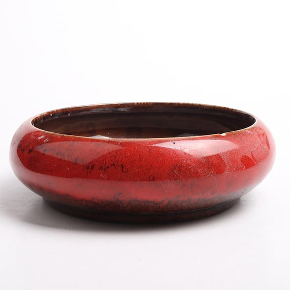 ABBISI 7.3 inch Ceramic Succulent Pots - Large Shallow Planter with Drainage Hole, Modern Round Glazed Bonsai Container for Home & Garden Decor, Red
