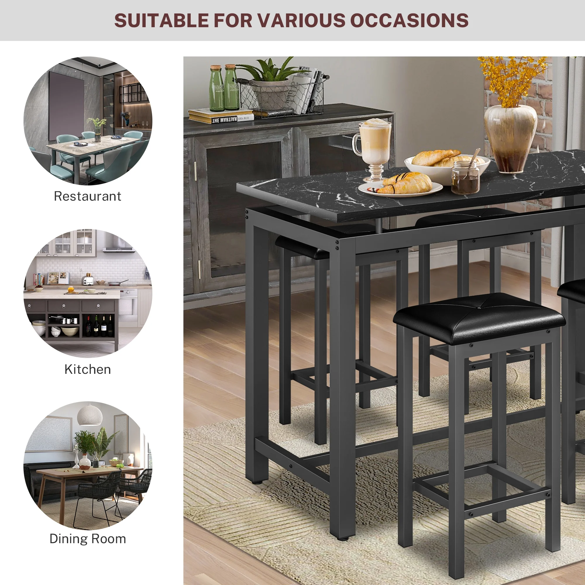 5-Piece Counter Height Bar Table Set, Modern Dining Table Set, Long Pub Table and 4 Stools, 4-Person Dining Table and Stools Set, Kitchen Side Table Set for Breakfast, Brown, D6412