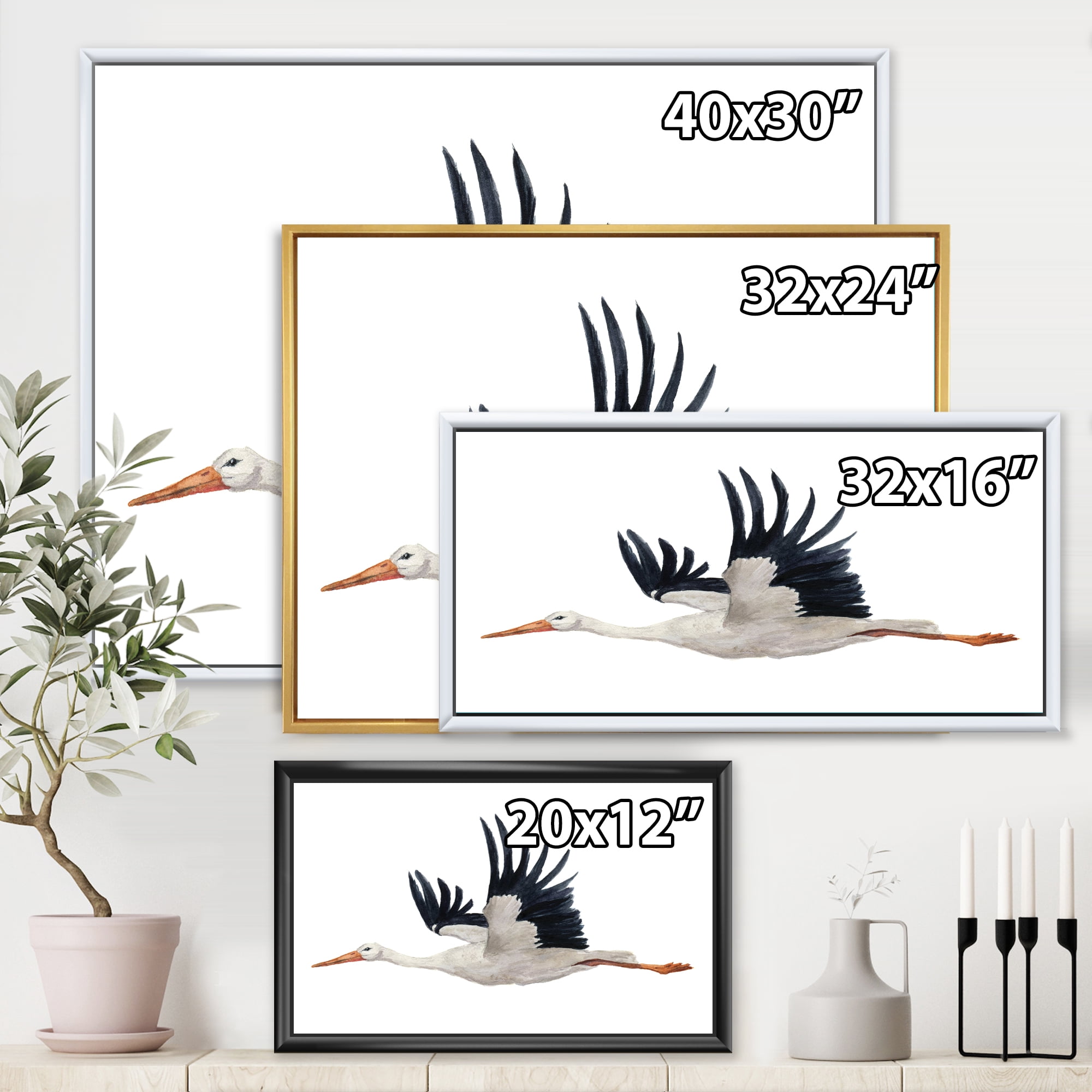 Designart 'White Stork Ciconia Flying Bird ' Traditional Framed Canvas Wall Art Print