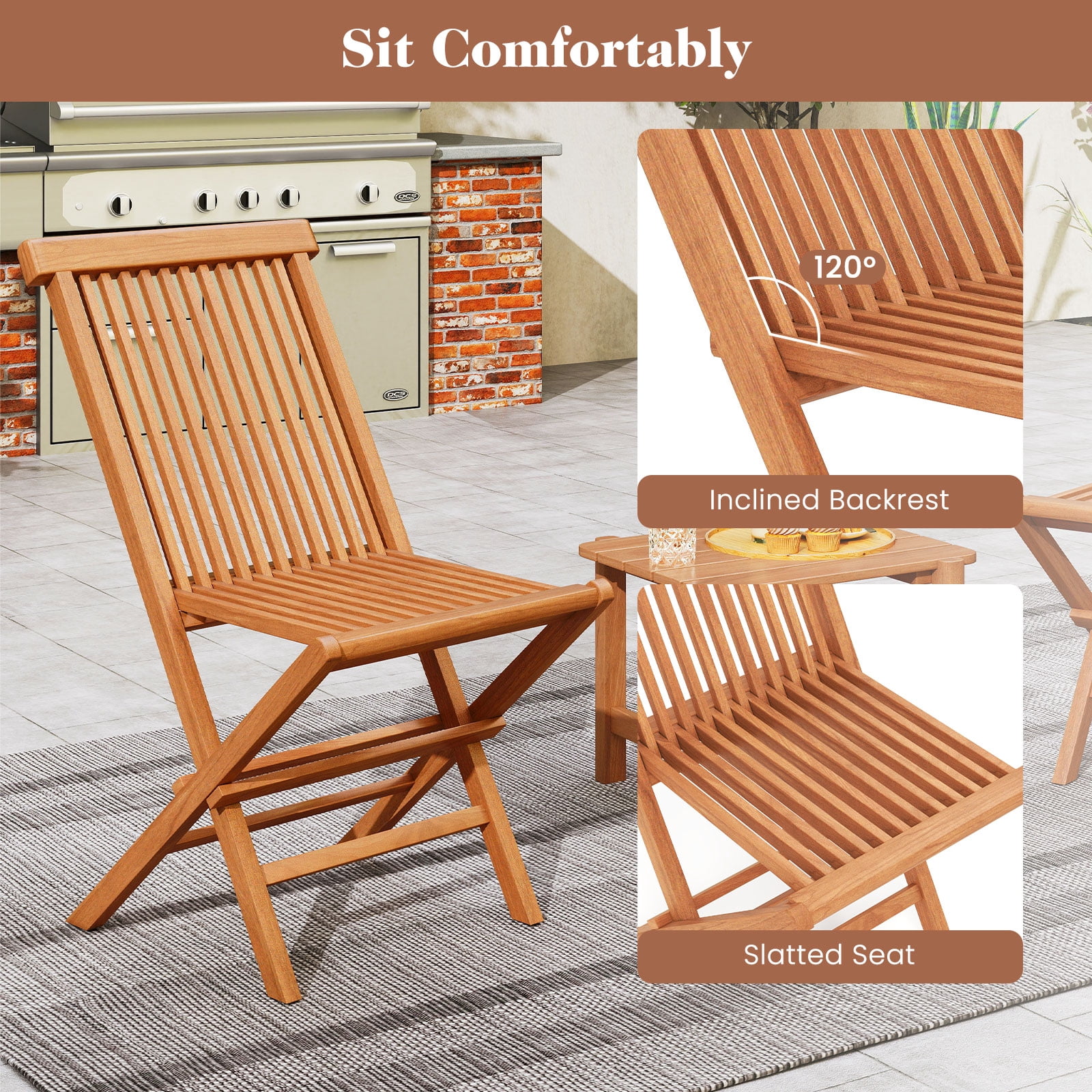 Gymax Teak Wood Patio Chairs Set of 4 Outdoor Folding Chairs w/ High Back for Dining