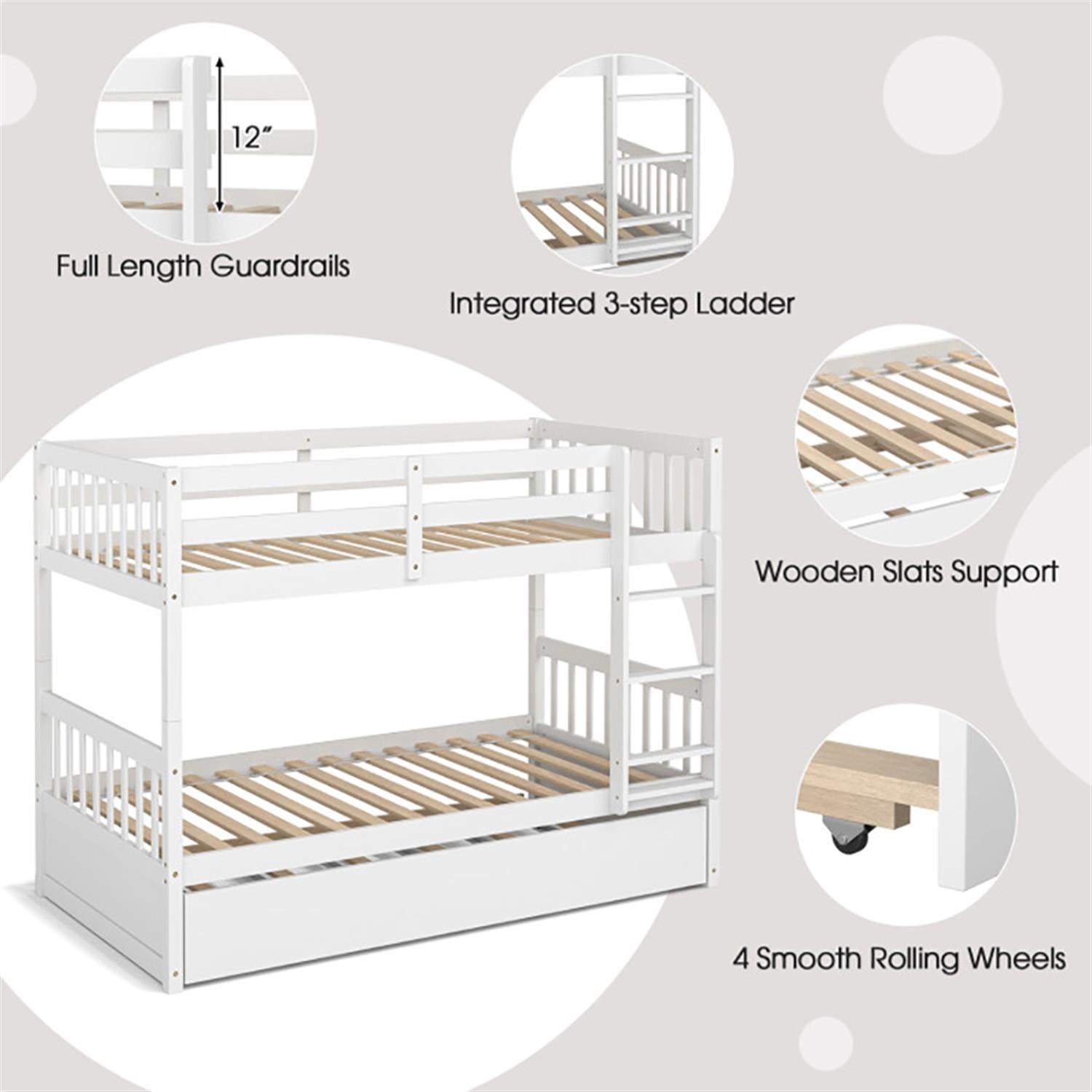 Demi Bonn Twin Pull-Out Bunk Beds with Ladder in the Steps and a Trundle, Twin Over Twin Bunk Bed Platform, White
