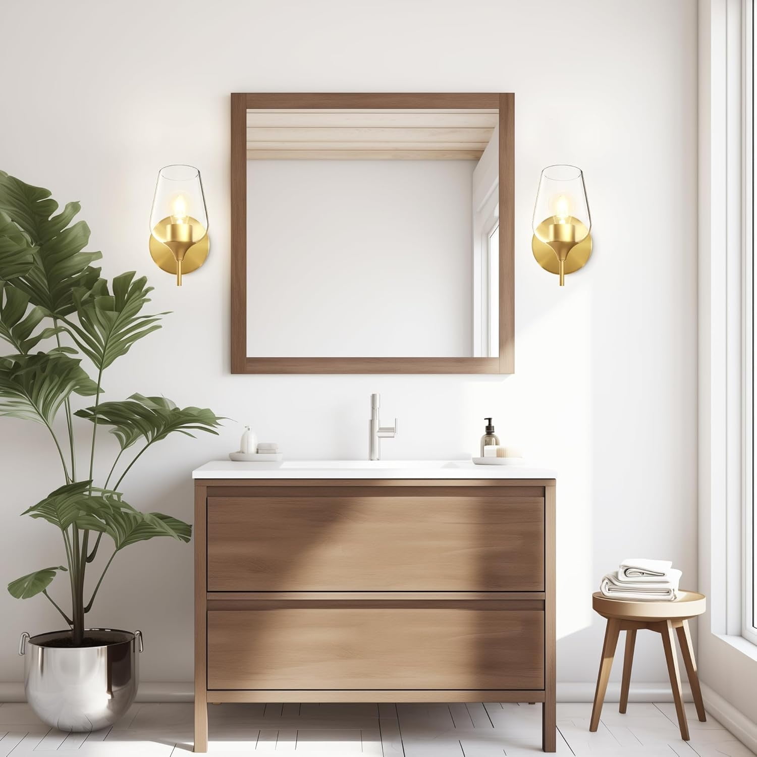 Gold Sconces Wall Lighting Set of 2, Bathroom Wall Lighting Fixtures Brass, Modern and Vintage Wall Lights with Clear Champagne Glass Shade for Bedroom,Fireplace,Hallway,Kitchen